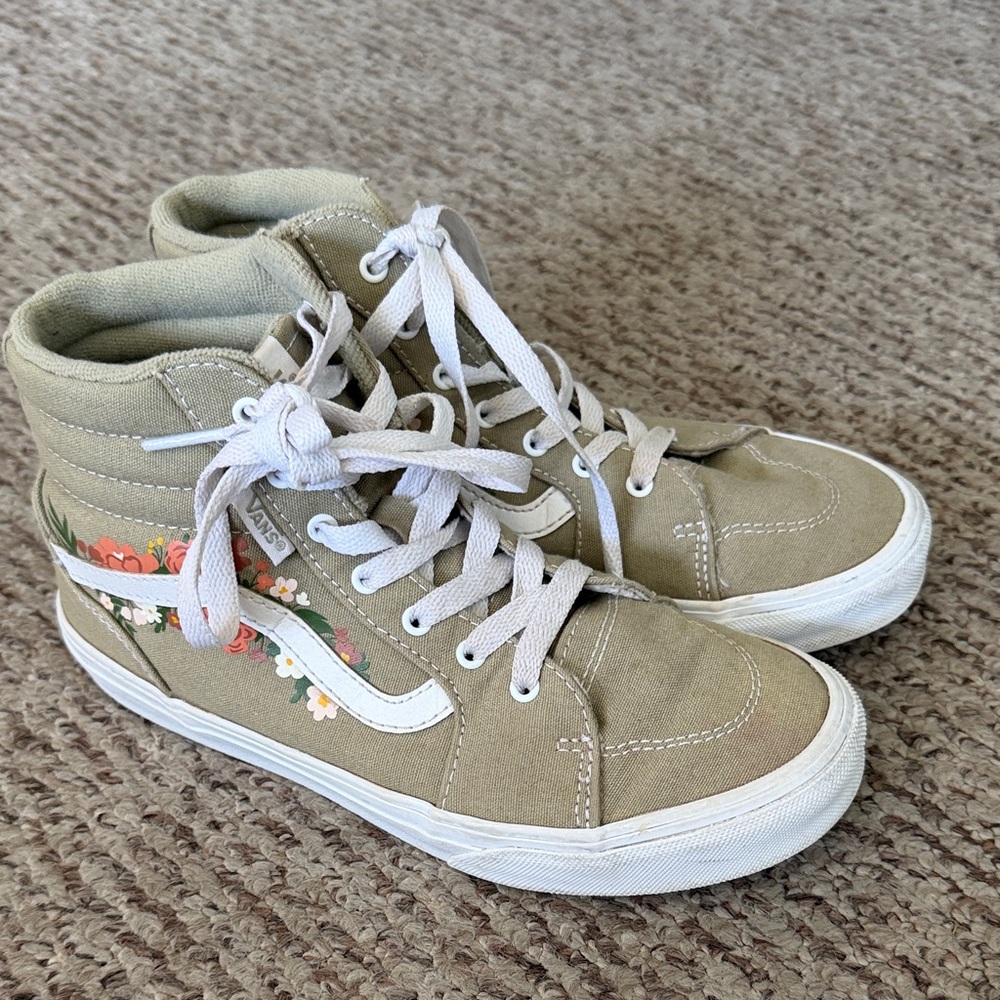 Vans High-Top Sneakers with Floral Side Stripe - Beige/White size 4